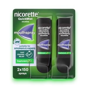 Nicorette QuickMist Mouthspray 1mg – Mint Flavour, Green and Silver Packaging, 2x150 Sprays, Fast Craving Relief for Smoking and Vaping.