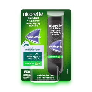 Nicorette QuickMist Mouthspray 1mg – Mint Flavour, Green and Silver Packaging, 1 x150 Sprays, Fast Craving Relief for Smoking and Vaping.