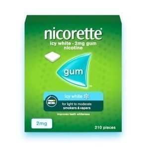 Nicorette Gum 4mg Extra Strength – 105 Pieces – Green Packaging with Bold Nicorette Text and Gum Strength Label.
