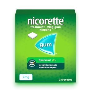 Nicorette Gum 4mg Extra Strength – 105 Pieces – Green Packaging with Bold Nicorette Text and Gum Strength Label.