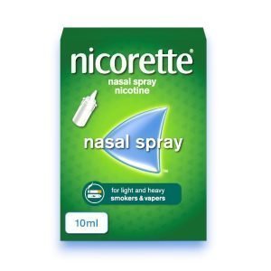 Nicorette Nasal Spray 10ml – Green and white packaging with spray pump, 0.5mg nicotine per spray, fast-acting NRT, approximately 175 sprays per pack.