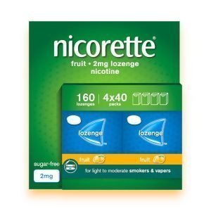 Nicorette Lozenges Cools and fruit flavour 2mg and 4mg – Mint Flavour, Pack of 40,80 & 160 Green and White Packaging with Nicorette Branding.