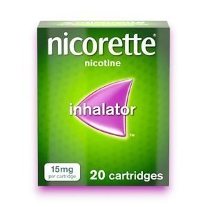 Nicorette Inhalator – Green and white packaging, includes 15mg nicotine cartridges, NRT stop smoking aid, 4 or 20 cartridge pack sizes.