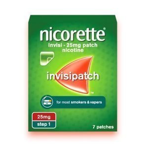 Nicorette InvisiPatch – 25mg, 15mg, and 10mg nicotine patches. Green and white box with transparent patch image. 7 patches per pack.