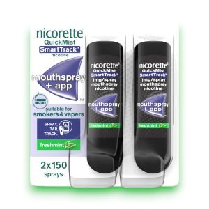 Nicorette QuickMist SmartTrack Mouthspray Fresh Mint 1mg – green and silver packaging, 150 sprays, connected NRT support with app tracking and NFC technology.