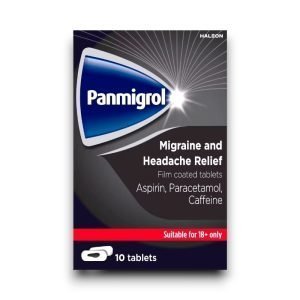 Panmigrol Headache & Migraine Tablets – Pack of 10, black, red and white box with "Migraine Pain Relief" label, triple-action formula.