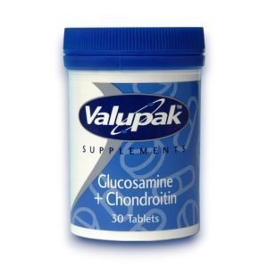 Valupak Glucosamine & Chondroitin 400/100mg – Blue and white tablet bottle with silver cap, 30 tablets, joint care supplement label.