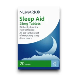 Sleep Aid Diphenhydramine 25mg Tablets – Blue and white box with white text, 20-tablet pack for short-term sleep relief.