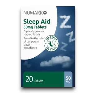 Sleep Aid Diphenhydramine 50mg Tablets – Blue and white pack, “Sleep Aid” text, 20 tablets.