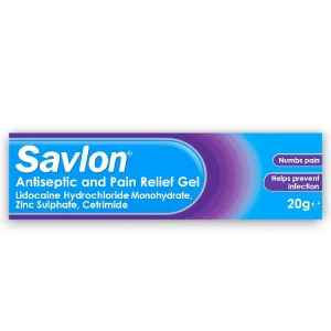 Savlon Antiseptic & Pain Relief Gel 20g – Blue and white packaging with orange Savlon branding, used for cuts, grazes and insect bites.
