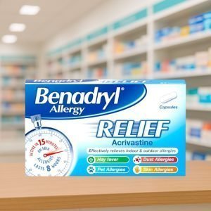 Benadryl Allergy Relief Capsules – Pack of 12, blue and white packaging with bold “Benadryl” logo and labelled for fast hay fever and allergy relief.