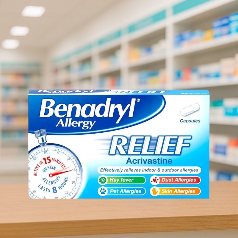 Benadryl Allergy Relief Capsules – Pack of 12, blue and white packaging with bold “Benadryl” logo and labelled for fast hay fever and allergy relief.