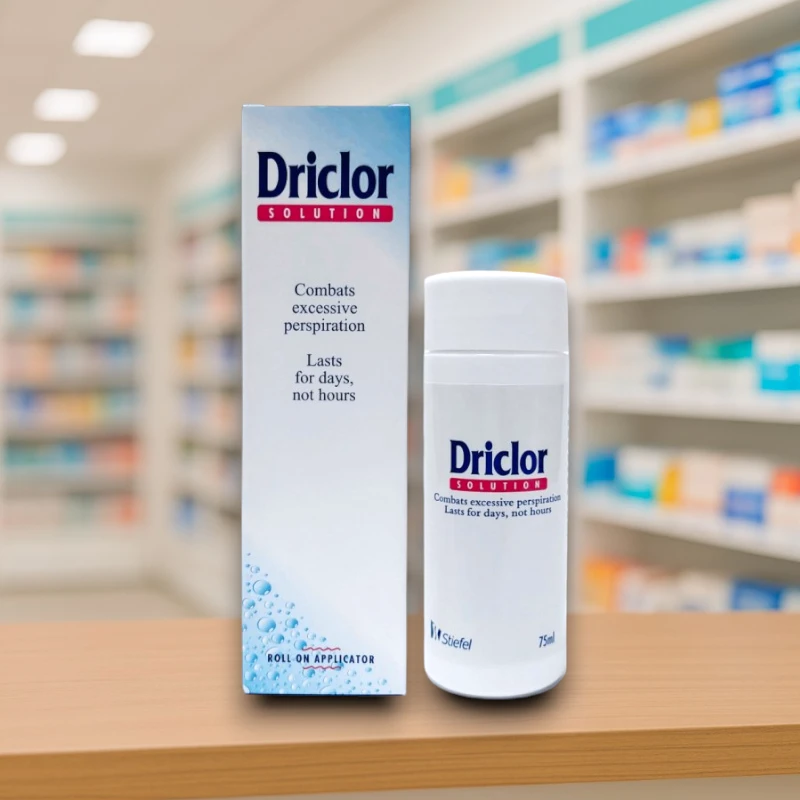 Driclor Antiperspirant Roll-On 75ml – White and blue packaging with pink label, designed for excessive sweating treatment