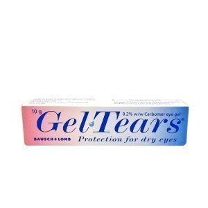 GelTears Eye Gel 10g tube – white and blue packaging labelled “GelTears Eye Gel 0.2% carbomer” for the relief of dry eyes.