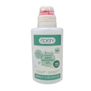 Eden Hand Sanitiser Gel bottle with clear gel inside, transparent packaging with white and green label showing “Eden Hand Sanitiser Gel” text and pack size.
