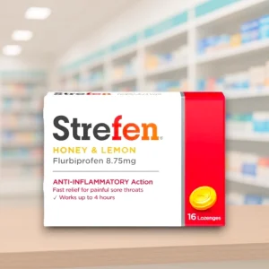 Strefen Honey & Lemon Lozenges – 8.75mg flurbiprofen, yellow and white box, pack of 16 lozenges, labelled for sore throat pain relief.