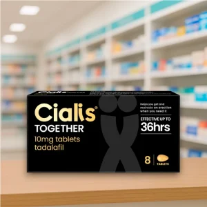 Cialis Together Tadalafil 10mg Tablets – Yellow film-coated tablets in blister pack, black outer box with yellow text, labelled 8 tablets