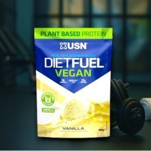 USN Diet Fuel Vegan 880g – Green and white tub with USN branding, labelled high protein plant-based meal replacement shake.