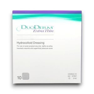 DuoDERM Extra Thin Hydrocolloid Dressing – beige translucent hydrocolloid dressing in white and green ConvaTec box, pack of 10.