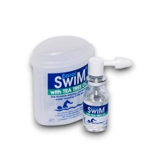 EarolSwim with Tea Tree Oil 10ml spray – blue and white box packaging with swimmer icon, labelled metered dose olive oil spray.