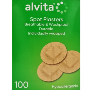 Waterproof Spot Plasters 25mm, 100 pack – green box with product name, round adhesive plasters for cuts, blisters, and wounds.