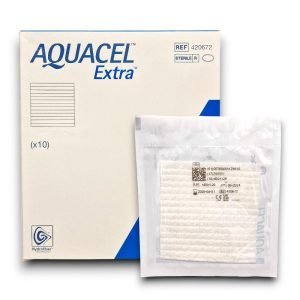 Aquacel Extra Hydrofiber Wound Dressing – sterile white dressing pack, ConvaTec blue and white packaging, 15cm x 15cm size shown.