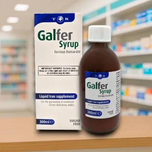 Galfer Ferrous Fumarate Syrup 300ml – dark amber glass bottle with green and white label, supplied in outer box packaging.