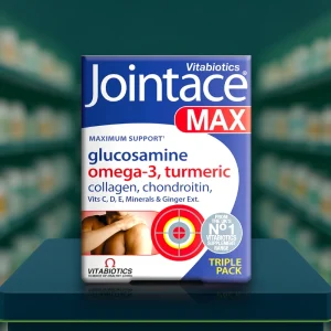 Vitabiotics Jointace Max triple pack – blue, pink, and turquoise blister strips in branded box, labelled Glucosamine, Collagen, Omega-3, 84 tablets/capsules.