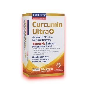 Lamberts Curcumin Ultra + Tablets – white and orange bottle, labelled 60 capsules, UK-made high absorption turmeric with vitamins C and D.