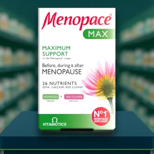 Vitabiotics Menopace Max – purple and white pack with green blister tablets and red blister capsules, labelled menopause nutritional support, 28-day supply.
