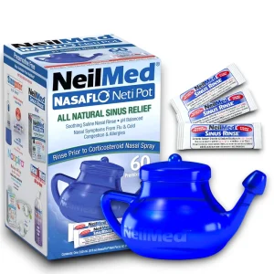 NeilMed Neti Pot with 60 saline packets, clear plastic pot with blue cap, shown with box packaging labelled “NasaFlo Neti Pot” and saline mixture packets. Designed for natural saline nasal wash to relieve allergies, congestion, hay fever, and sinus pressure.