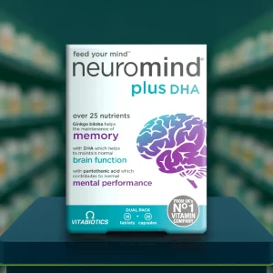 Vitabiotics Neuromind Plus DHA – Dual Pack of 28 micronutrient tablets and 28 omega-3 DHA capsules in purple and silver packaging.