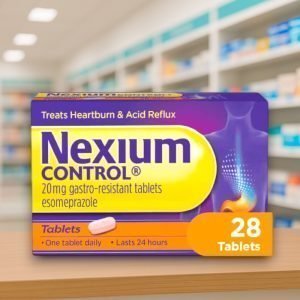 Nexium Control 20mg Tablets – purple and yellow box with 28 tablets, labelled 24-hour heartburn and acid reflux relief.