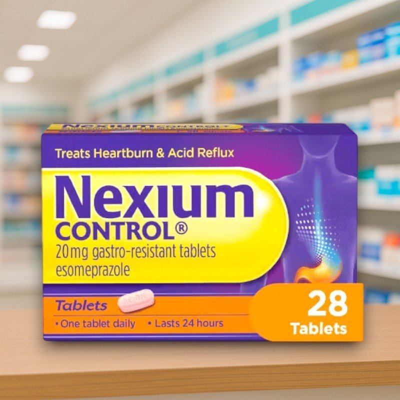 Nexium Control 20mg Tablets – purple and yellow box with 28 tablets, labelled 24-hour heartburn and acid reflux relief.