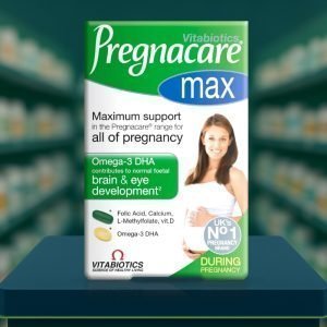 Vitabiotics Pregnacare Max dual pack – green and white box with purple text, includes tablets and Omega-3 capsules, pack of 84.