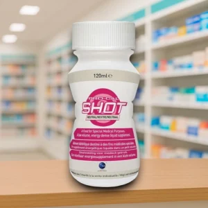 Pro-Cal Shot 120ml bottles in white packaging with coloured flavour bands (neutral, banana, strawberry) labelled as high-calorie nutritional supplement.