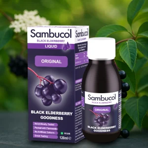 Sambucol Original Liquid 120ml – Black and purple box with text “Black Elderberry” and bottle inside packaging.