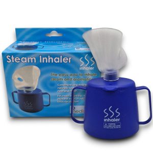 Medisure Steam Inhaler Cup – blue and white packaging, labelled “Steam Inhaler Cup,” 1 unit pack, for natural cold, cough, and sinus relief.