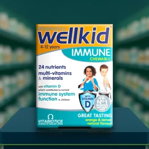Vitabiotics Wellkid Immune Chewable Tablets – Blue and orange box, labelled 30 chewable tablets, orange and lemon flavour, suitable for ages 4–12.