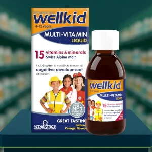 Vitabiotics Wellkid Multi-vitamin Liquid 150ml – Blue and orange box with children’s multivitamin label, natural orange flavour.