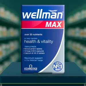 Vitabiotics Wellman Max Tablets triple pack – blue, green, and turquoise blister packs in branded blue box, 84 tablets + capsules.
