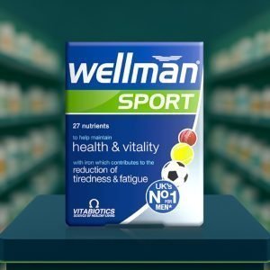 Vitabiotics Wellman Sport Tablets – blue and silver box labelled Wellman Sport with 30 tablets pack size.