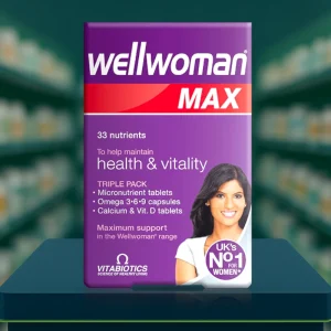 Vitabiotics Wellwoman Max triple pack – purple box with Omega 3-6-9, calcium and vitamin D, and multivitamin tablets, 84 tablets + capsules.