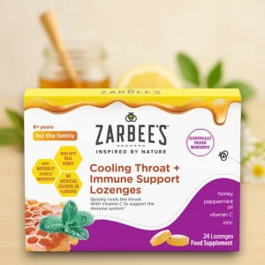 Zarbee’s Cooling Throat + Immune Support Lozenges 24 count box, white and green packaging with honey and peppermint illustrations, labelled with honey, peppermint oil, vitamin C and zinc.