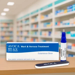 Avoca Wart & Verruca Treatment 95% Stick – single pack. Small white box with blue and purple design, showing text “Avoca 95% Silver Nitrate Stick” for wart and verruca treatment. Applicator stick included inside packaging.