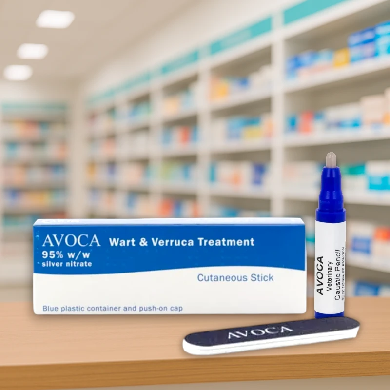 Avoca Wart & Verruca Treatment 95% Stick – single pack. Small white box with blue and purple design, showing text “Avoca 95% Silver Nitrate Stick” for wart and verruca treatment. Applicator stick included inside packaging.