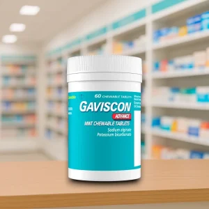 Gaviscon Advance Mint Chewable Tablets 60 pack – white tub with blue and red branding, “Gaviscon Advance” logo, mint flavour, sugar-free, gluten-free bulk 60 chewable antacid tablets.