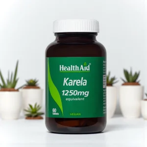 HealthAid Karela 1250mg Tablets 60 pack – green and white bottle packaging with product label “Karela 1250mg” and brand name HealthAid. Herbal supplement made from Bitter Melon (Momordica Charantia), suitable for vegans and vegetarians, free from gluten, dairy, and artificial additives.