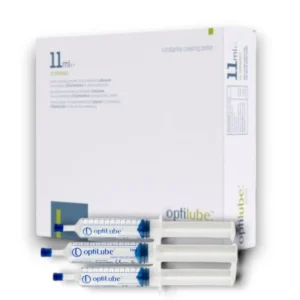 OptiLube Active CHG Free sterile catheterisation jelly in pre-filled syringe, available in 6ml and 11ml sizes. Individually wrapped in blister packaging with white and blue branding, labelled “OptiLube Active CHG Free” and “Lidocaine 2%”.