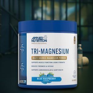 Applied Nutrition Tri-Magnesium Powder 200g tub with blue raspberry flavour label. Black and blue packaging showing “Tri-Magnesium Powder” text, highlighting 300mg magnesium per serving from bisglycinate, citrate, and taurate. Vegan, halal certified, tested for athletes under Informed-Sport programme.